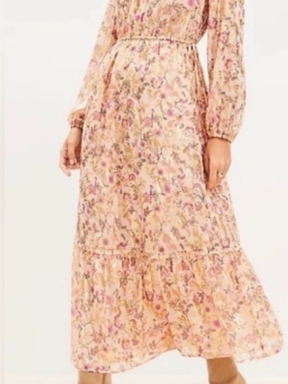 LOFT Shimmer Floral Maxi Dress with Long Sleeves (peach/cream)